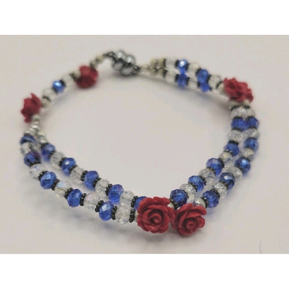 Red Roses, Blue & Clear Beaded Double Strand Magnetic Clasp Bracelet - 7"inches